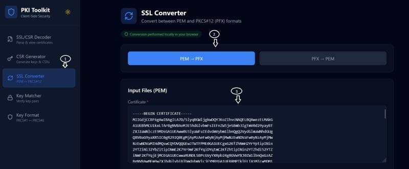 اختيار الأداة وإدخال الشهادة